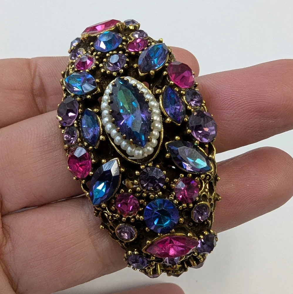 EVC SIGNED WEISS GOLD TONE CRYSTAL RHINESTONES & FX PEARLS HINGE BRACELET & EARR - Picture 7 of 14